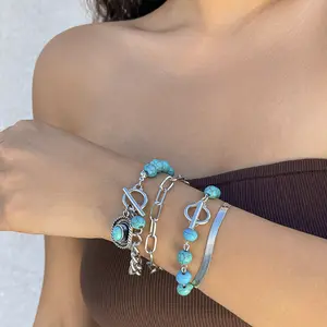 alpromark 4-piece Set Turquoise Cowboy Hat Cross Chain Bracelet Suit