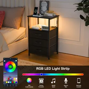 Night Stand with LED Strip Light, BT Contral Colorful LED Light Nightstand, End Table with 3 Drawers and Storage Shelf, Bedside Tables Small Dresser for Small Space Black