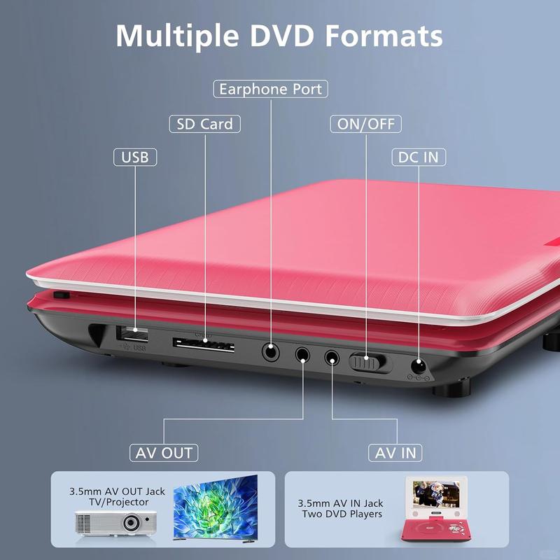 11.5" Portable DVD Player for Kids Car 9.5" Swivel HD Screen 4-6 Hours Battery Sync TV SD USB Disc Formats Dual Speakers Red Audio System rechargeable leather cd player Compact karaoke machine cd player portable boombox card  v  d  player
