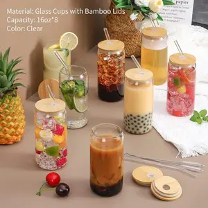 12 Pack Glass Cups with Bamboo Lids and Straws 16.9 oz, Gifts for Women, Drinking glasses set, Iced Coffee, Tea Cup, Cute Aesthetics Tumbler Cup, Mothers Day, Birthday Gifts for Her Mom #Summer vibes