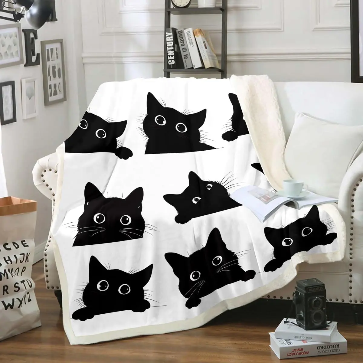 Feelyou Cozy Chic Flannel Cat Blanket - Cute Animal-Themed Polyester Fiber Throw, Soft Warm Fluffy Fleece Sherpa for Kittens and Adult Cats, Cozy Chic Blanket, Flannel Blankets