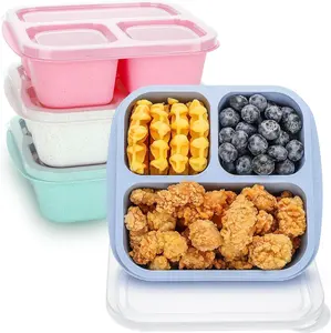 4 Pack Bento Box for Kids, 3 Compartment Meal Prep Containers with Lids,Reusable Stackable Lunch & Snack Boxes for School,Work & Travel Food Storage