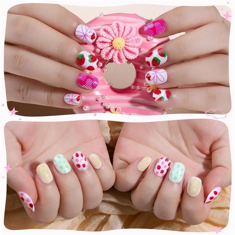 Teenitor Press On Nails for Girls, 216pcs Short Acrylic Nails in 9 Stylish Designs, 10 Sizes with Adhesive Tabs, Includes Nail File Buffer, Perfect for Kids & Girls