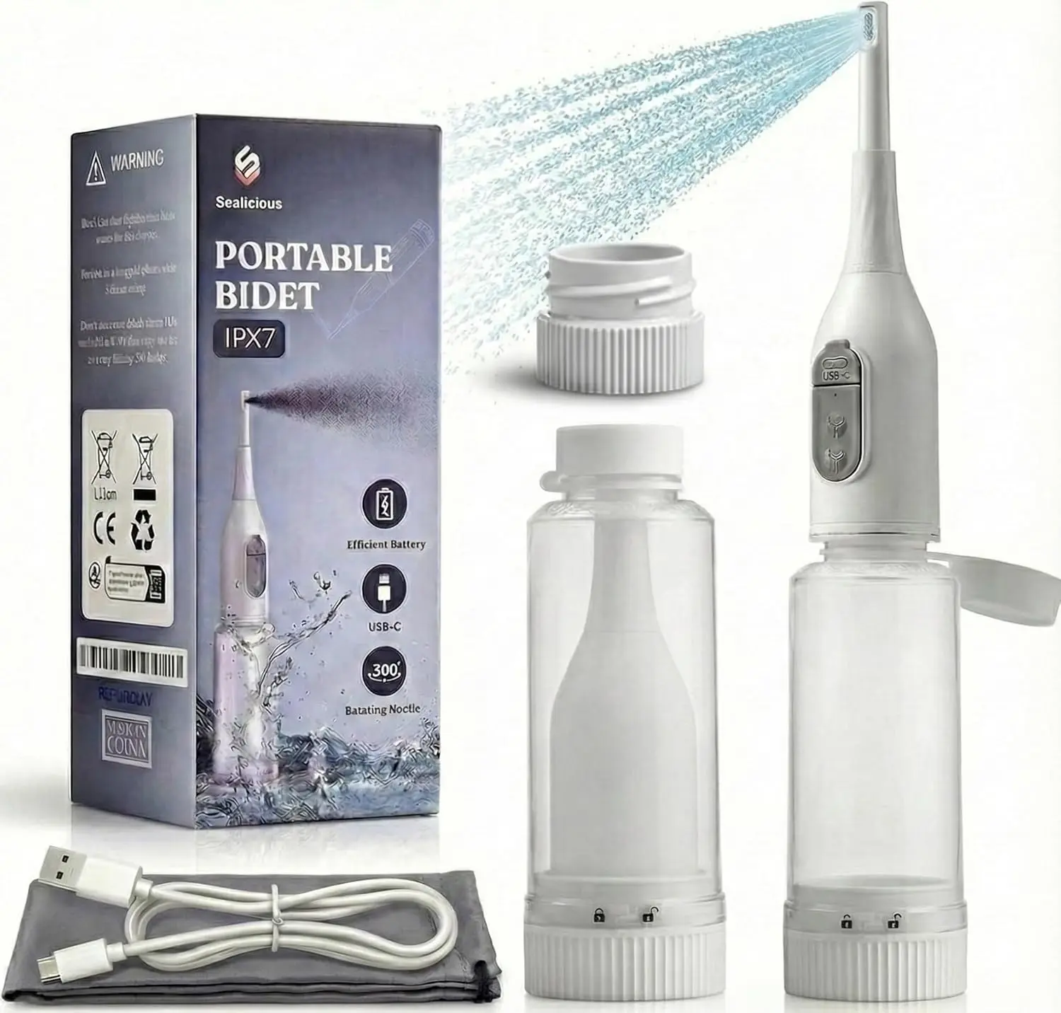 Sealicious Electric Bidet Sprayer - USB Rechargeable Foldable Handheld Bidet with adjustable Pressure, Leak Proof Personal Hygiene Cleaner for Travel Postpartum care