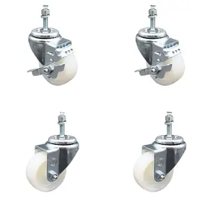212 MAIN SCC-TS20S314-NYS-M1015-2-TLB-2 Swivel Type Nylon Threaded Stem Caster - 3x1.25 in. White Wheels, 10 mm Stems, Brake - Set of 4