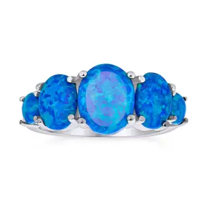 Silver Ring 5 Oval Blue Green Created Opals Sterling Silver October Birthstone Opalring Stackable Rings