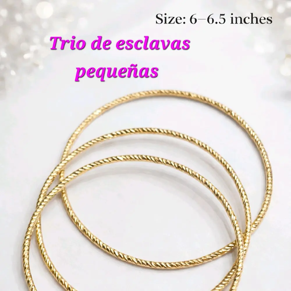 E1 Trio de esclavas doradas pequeñas..Son delgadas resistentes..Para manos con medidas 6 - 7 inches