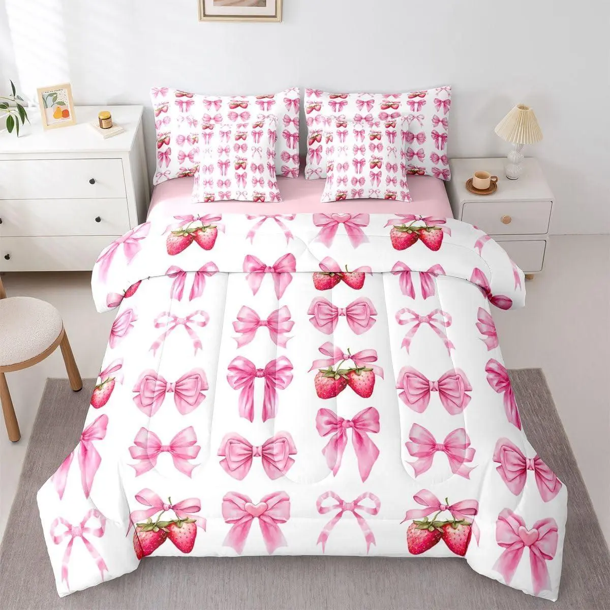 Pink Cute Strawberry Bow Comforter Set 7 Pieces Strawberries Bedding Set Kawaii Bowknot Bed in a Bag with Comforter,Sheets,Pillowcases,Cushion Covers