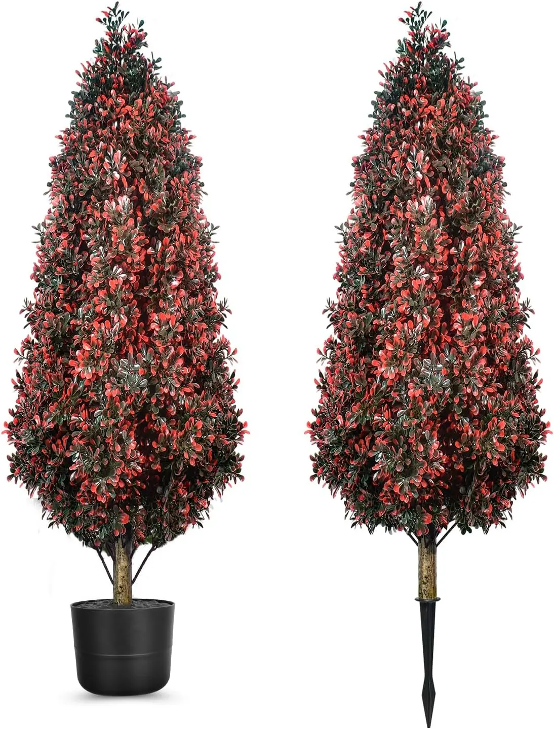 3 FT Outdoor Fake Topiary Boxwood with Pots and Spikes, UV Resistant Red Artificial Plants Trees, Faux Evergreen Shrubs for Indoor Home & Porch Spring Summer Decor-2 Pack