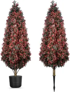 3 FT Outdoor Fake Topiary Boxwood with Pots and Spikes, UV Resistant Red Artificial Plants Trees, Faux Evergreen Shrubs for Indoor Home & Porch Spring Summer Decor-2 Pack