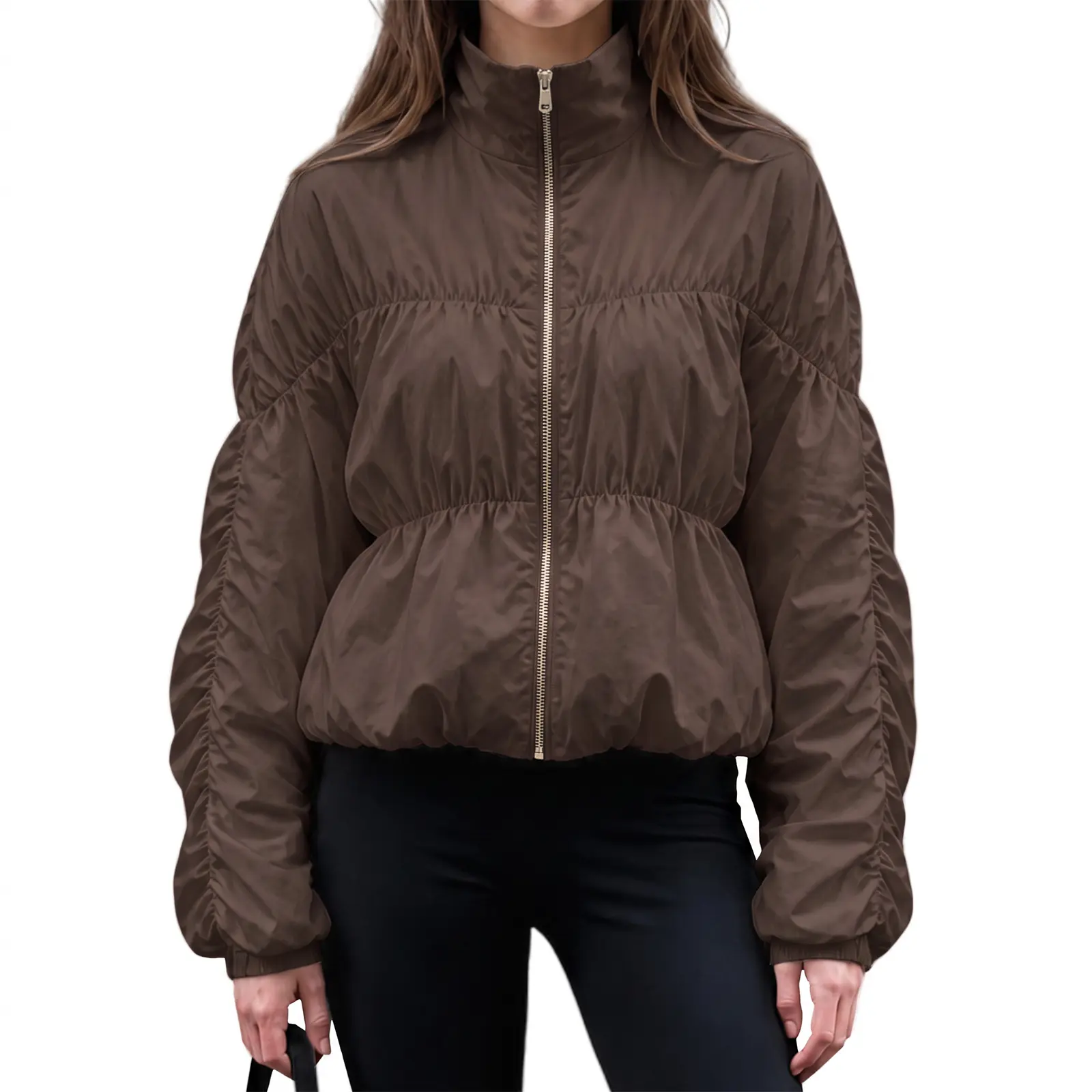 Imily Bela Women Spring Fall Ruched Lightweight Zip Up Jacket Mock Neck Long Sleeve Cropped Coat with Adjustable Waist Y2K Balletcore Streetwear Outerwear