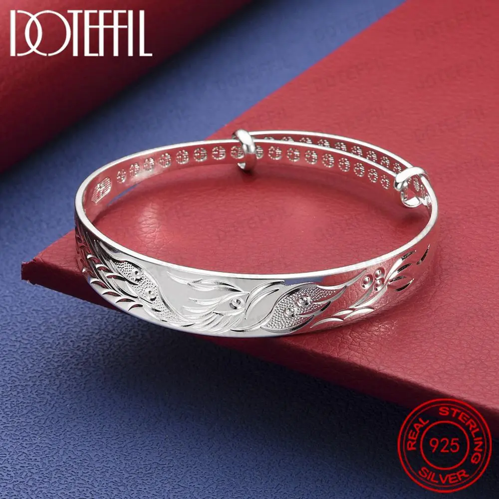 925 Sterling Silver Phoenix Carved Adjustable Bangle  Fashion Party Wedding Accessory Jewelry Gift