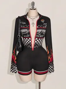 MOM Plus Size Y2k Long Sleeve Jumpsuit Black Autumn Gothic Night Out Club Motorcycle Race Car Romper Knitted Flame Checkerboard Print Fall