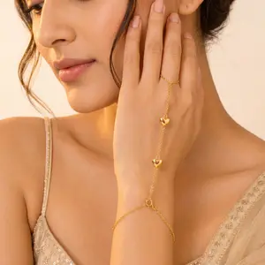 Zaraaly 18K Gold Plated Double Heart Hand Chain Bracelet South Asian Bridal Dainty Slave Ring Desi Wedding Festival JewelleryZaraaly