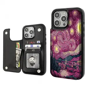 Starry Night Oil Painting Pattern Phone Cases Compatible For With iphone 17 16 15 14 13 12 PRO PLUS MAX AIR PU Black Brown Pink Durable Flip High quality Leather Credit Card Bag Holder Mother Gift Wallet Shockproof Anti-Drop Full Protection Shell Cover