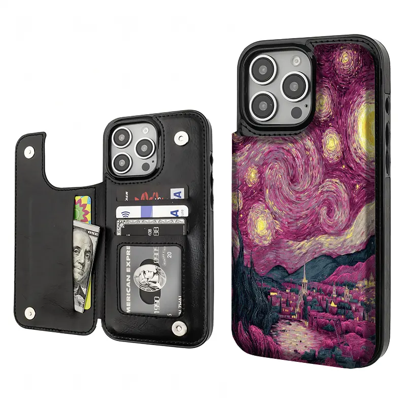 Starry Night Oil Painting Pattern Phone Cases Compatible For With iphone 17 16 15 14 13 12 PRO PLUS MAX AIR PU Black Brown Pink Durable Flip High quality Leather Credit Card Bag Holder Mother Gift Wallet Shockproof Anti-Drop Full Protection Shell Cover
