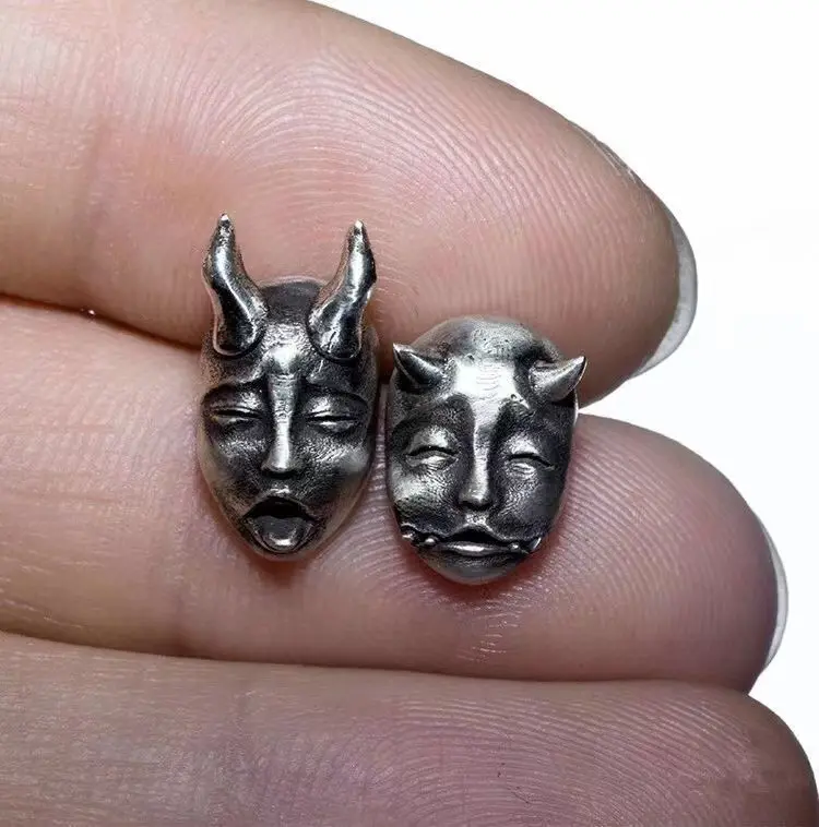 {Comfort Earrings}Terror Wind Demon Mask Earrings - Personality Asymmetric Long Short Horn Demon Earrings Asymmetrical Pierced