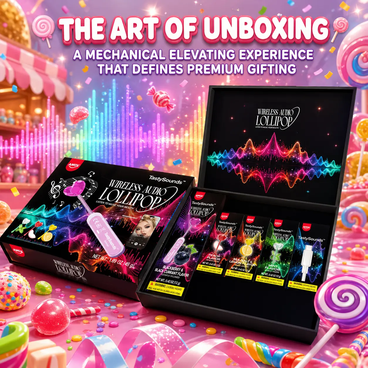 AMOS Wireless Audio Lollipop Gift Box TastySounds  – Bone Conduction Music Candy, Multi-Flavor Variety Pack, Rechargeable Singing Lollipop, Unique Tech Sweet for Parties & Gifts Pre-Sale