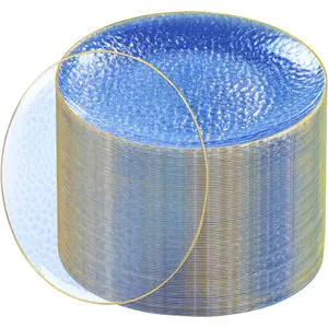 100 Pcs Blue,10 inch Clear Blue Dinner with Gold Rim, Hammered Fancy Dinner Platos, for