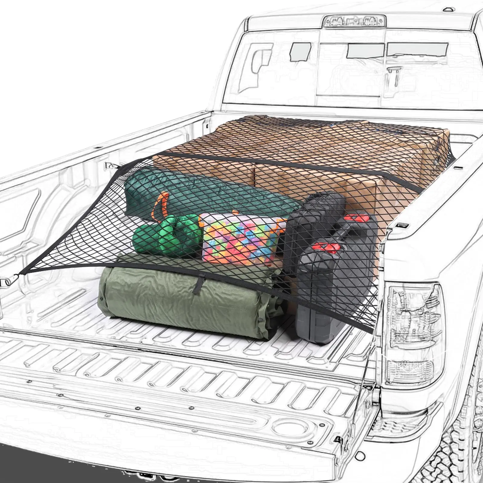 Highly Elastic Cargo Net for Truck Bed – 4’x4’ to 7’x7’ Stretchable Cargo Mesh with 6 Metal Carabiners, Universal Fit for Truck, SUV, ATV, UTV & Boat, Secure Light Cargo Storage