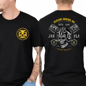 Demons Behind Me Biker T-Shirt - Small Yellow Skull Emblem On The Chest , Large Helmeted Skeleton With Pistons On The Back , Born To The Road Graphic , Motorcycle Rider Apparel , Jax Florida Style , Never Broken Design Classic Cotton Menswear Top Sport