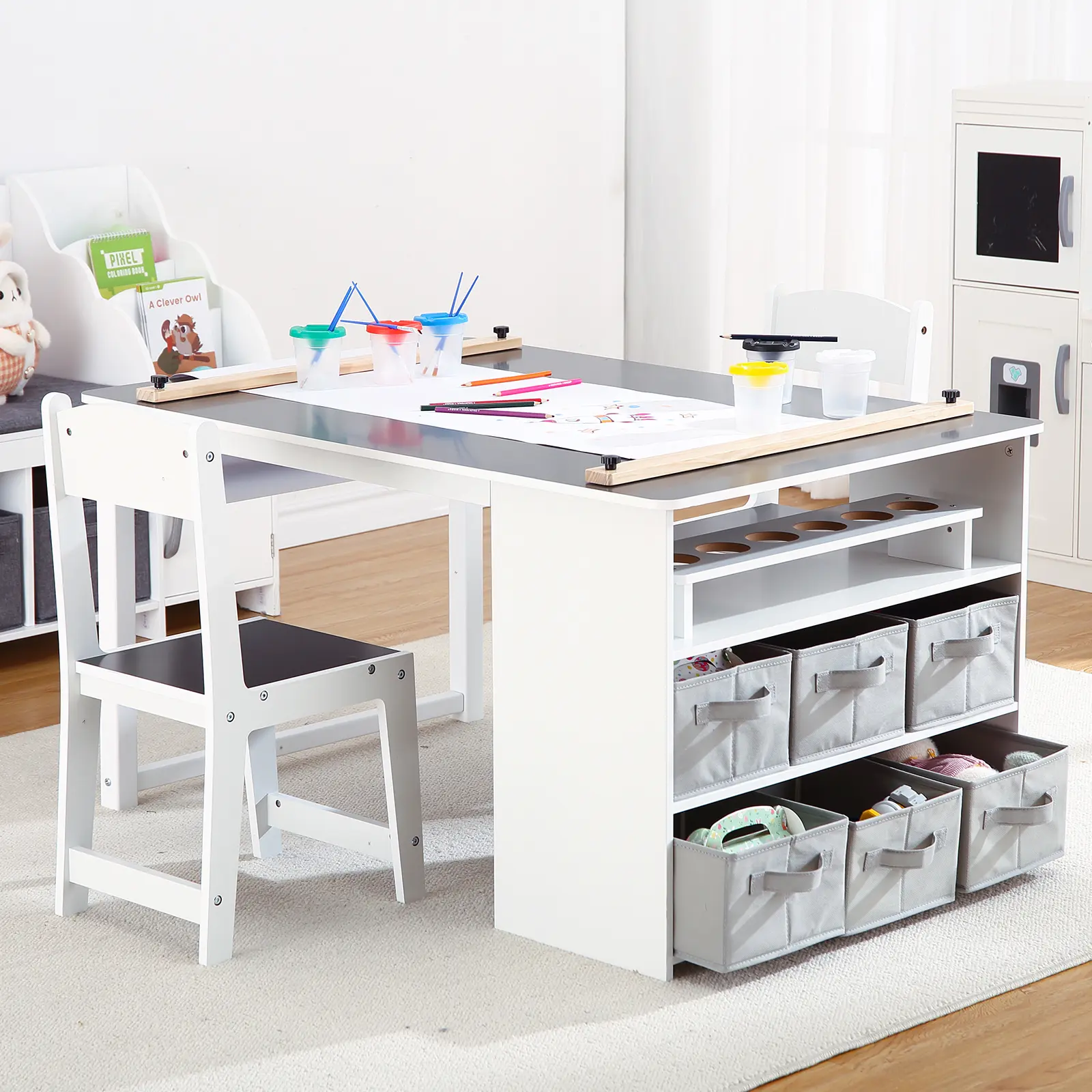 Kids Art Table and 2 Chairs,Toddler Craft and Play Wood Activity Table with Large Storage Desk and Portable Art Supply Organizer, Kids Activity Table, Drawing and Painting Desk