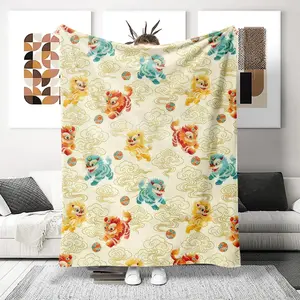 Cute Cartoon Little Lion Cloud Theme Flannel Digital Print Blanket, Soft Durable Throw Blanket for Sofa Bed Office Travel, Perfect Holiday Gift