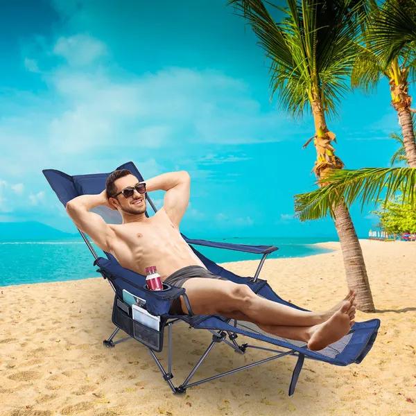 Foldable Camping Chair Collapsible Reclining Chair 330LBS Load Heavy Duty Steel Lawn Chair With Reclining Backrest Angle Cup Holder Pillow Side Pocket Carry Bag