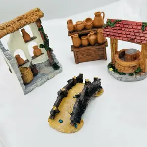 Hand Painted 4 Piece Resin Nativity Village with Water Well & Bridge Elegant Christmas Decor for Home Traditional Holiday Statue