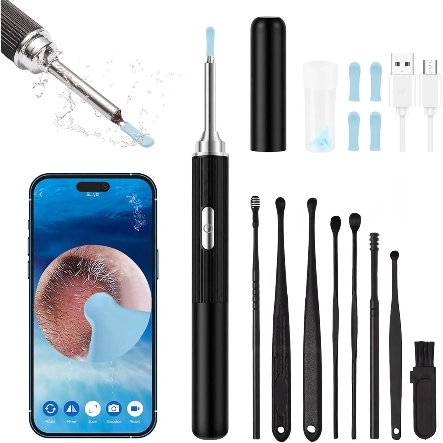 Ear Wax Removal, Earwax Remover Tool with 8 Pcs Ear Set, Ear Cleaner with Camera, Earwax Removal Kit with Light, Ear Camera with 4 Ear Spoon, Ear Cleanning Kit for iOS & Android (Black)