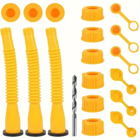 Gas Can Spout Replacement Kit with 3 Nozzles Caps and Stoppers Chrome Finish HDPE Material Universal Fit for Fuel Containers