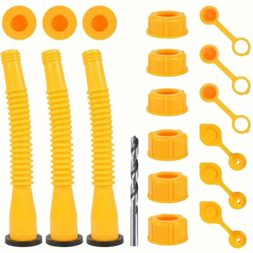Gas Can Spout Replacement Kit with 3 Nozzles Caps and Stoppers Chrome Finish HDPE Material Universal Fit for Fuel Containers