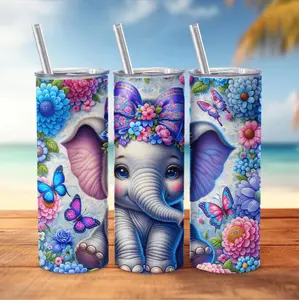 20 Ounce Insulated Stainless Steel Tumbler with Lid and Straw Featuring Cute Elephant Design Perfect for Travel Outdoor Activities and Holiday Gifting