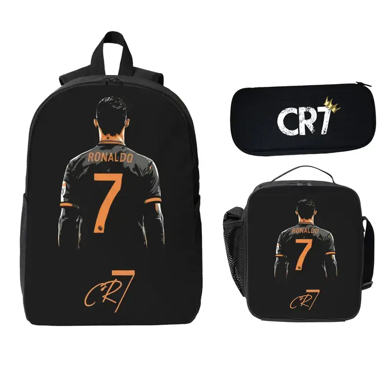 Cristiano Ronaldo CR7 3PCS Backpack Set, Soccer Player with Fire Dragon Print School Backpack with Lunch Box & Pencil Case, Lightweight Durable Daypack for Fans, Ideal Football Sports Style School Supplies Gif