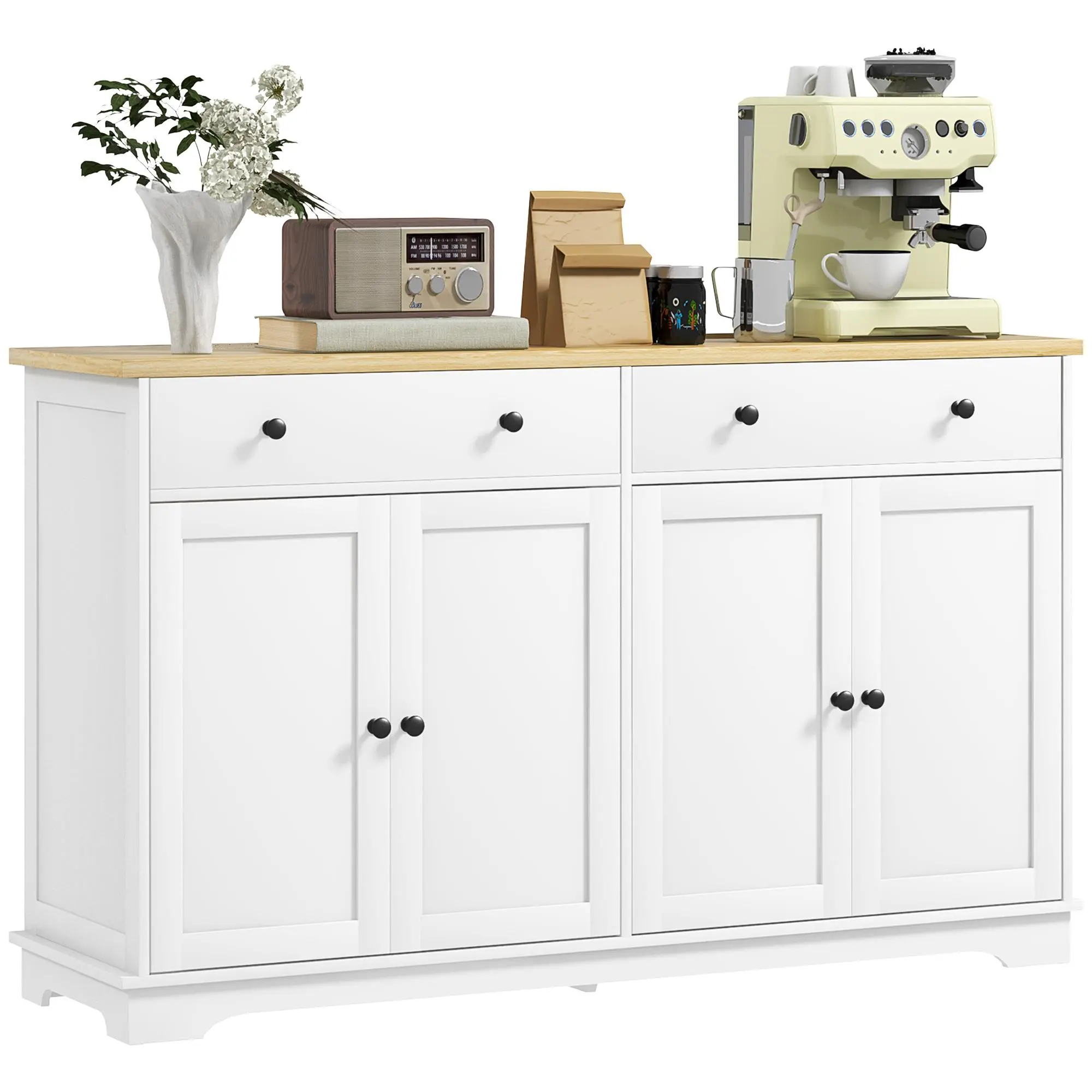 Contemporary White Wood Kitchen Cabinet - Spacious Sideboard with 2 Drawers (13 lbs Each) for Napkins/Utensils, 2-Door Unit with Adjustable Shelves for Tall Plates, Anti-Tip Base, Requires Assembly, Ideal for Kitchen/Dining Room Organization, Modern