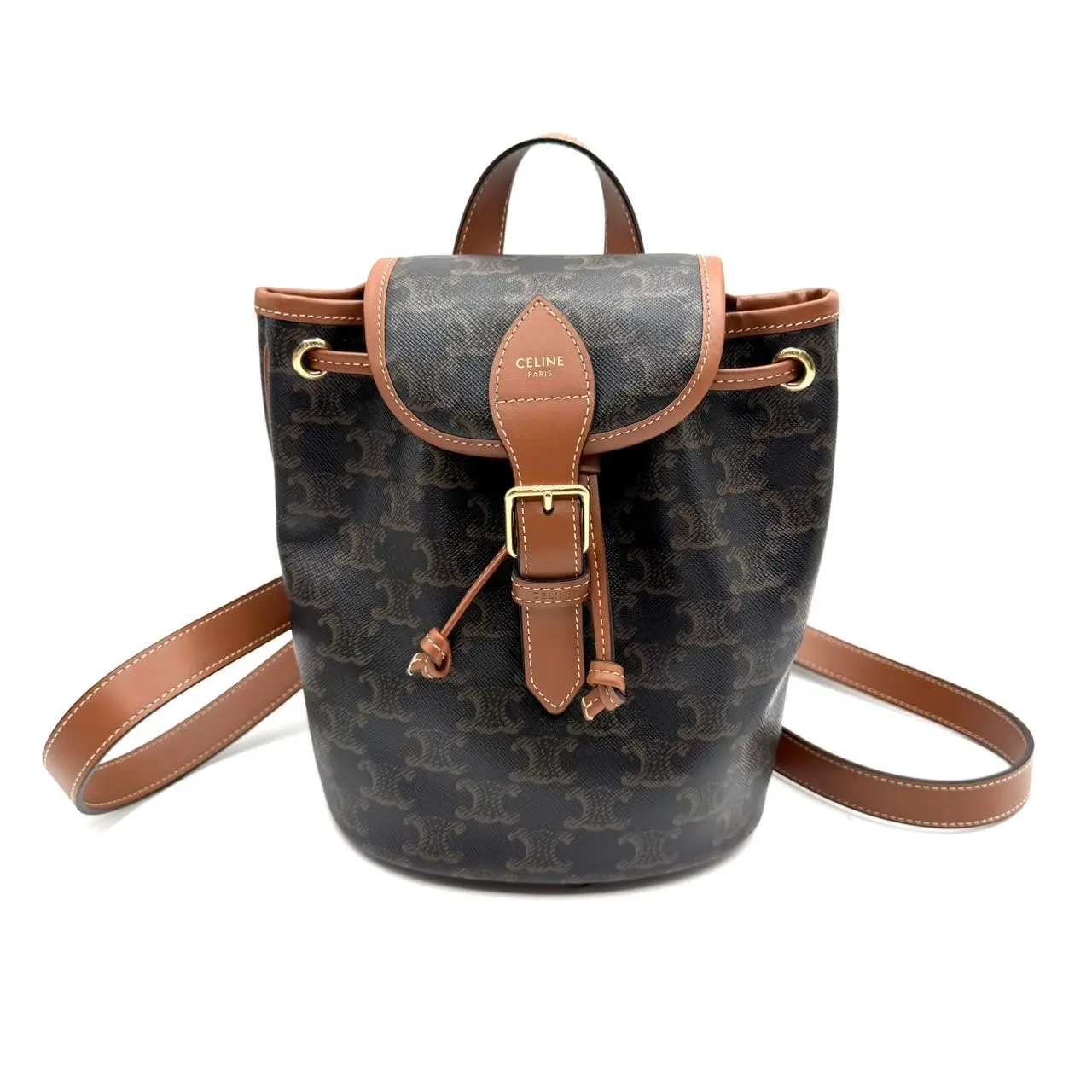 Pre-owned Celine Leather Backpacks CALUXB Triomphe Canvas Calfskin Mini Folco Backpack Tan