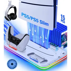 ESYWEN PS5 Cooling Fan Stand for 2023 New Playstation 5 Silm Console,PS5 Accessories with Controller Charger Station For 2020 PS5 Dualsense Controller/ps5 Digital/Disc Edition Console,White