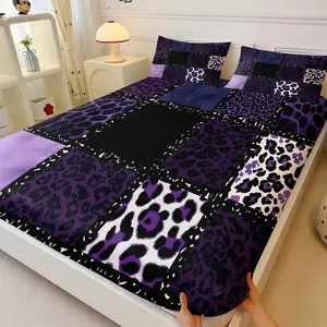 Y2K Aesthetic Purple Leopard Patchwork Fitted Sheet, One Bedspread and Two Pillowcases, Retro Grunge Cool Girl Bed Cover, Eye-Catching Color Block Mattress Protector, All-Round Wrap Fitted Sheet for Trendy Bedroom