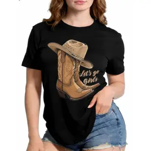 Western Cowgirl Boots Graphic T-Shirt for Women, 100% Premium Cotton Country Music Tee, 'Let's Go Girls' TShirt for Rodeo Events
