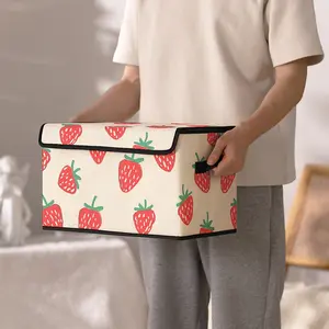 Strawberry Patterned Storage Box with Lid and Handles, Perfect for Bedroom Closet Organization and Under Bed Storage for Clothes, Blankets, Sheets, and Toys