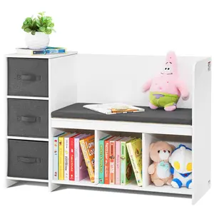 Kids Reading Nook Bench And Toddler Bookshelf With Detachable Seat Cushion, 6-Cubby Storage Organizer Bench Featuring 3 Drawers, Ideal Playroom, Bedroom, Living Room Or Entryway Furniture In White Finish, Durable Wood