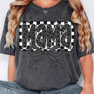Retro Mama Checkered Bow T-shirt - Comfort Colors, Mama Bow Shirts, Coquette Mama Leopard, Mother's Day Shirt for Mom
