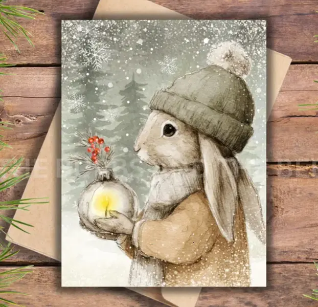 Winter Rabbit Christmas Card Set: Watercolor Woodland Animals