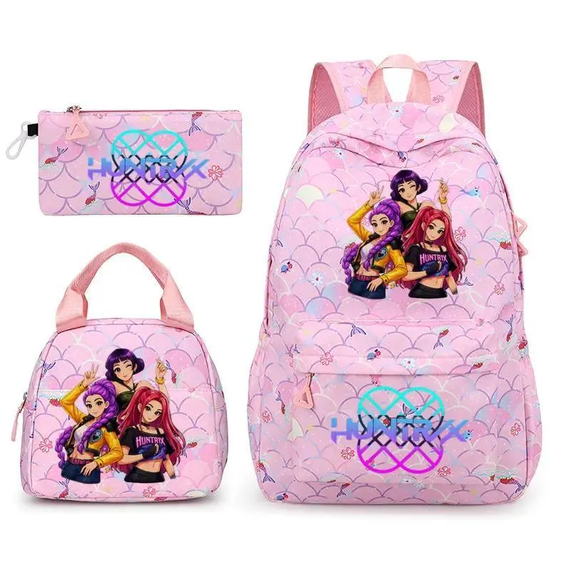 Pink Mermaid Scale KPOP Cartoon Girls Print 3‑Piece Backpack Set, Multi‑Pocket School Bookbag, Matching Lunch Tote Bag and Zipper Pencil Pouch, Teen Girls Casual Travel Daypack