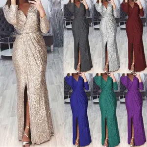Women's long sleeved skirt slit retro party sequin ball dress elegant mermaid formal evening dress