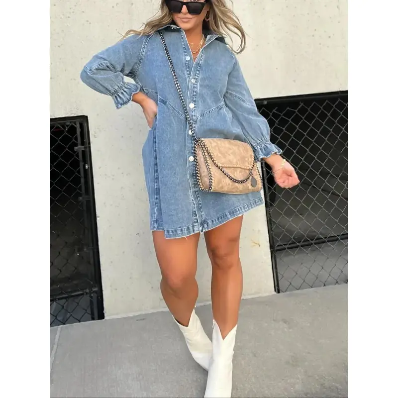 Women's Washed Denim Puff Sleeve Mini Dress, Casual Wear Cute Style Denim  Dress for Women, Short-Length Collared Button-Down with Ruffle Hem, Matte  Silver Buttons, Pleats - TikTok Shop