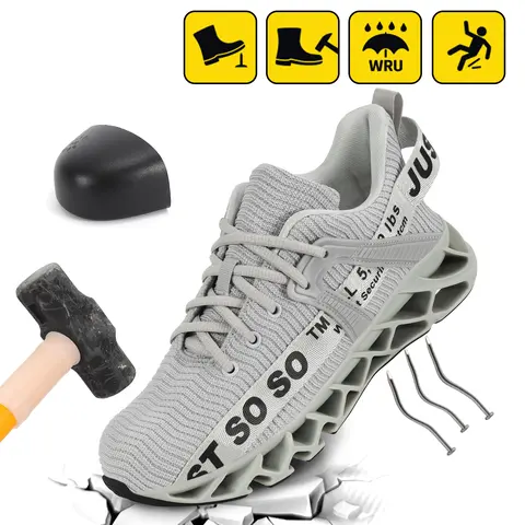 Men's Metal Toe Work & Safety Shoes - Non-Slip Wear-Resist Sole, Cushioned Mesh Fabric Upper, Round Toe, Business & Industrial Construction Footwear