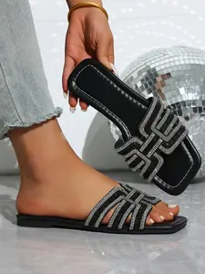 Women's Rhinestone Sequin Flat Sandals, Summer Beach Party Comfortable PU Leather Slippers, Casual Less Than Ankle Height Shoes