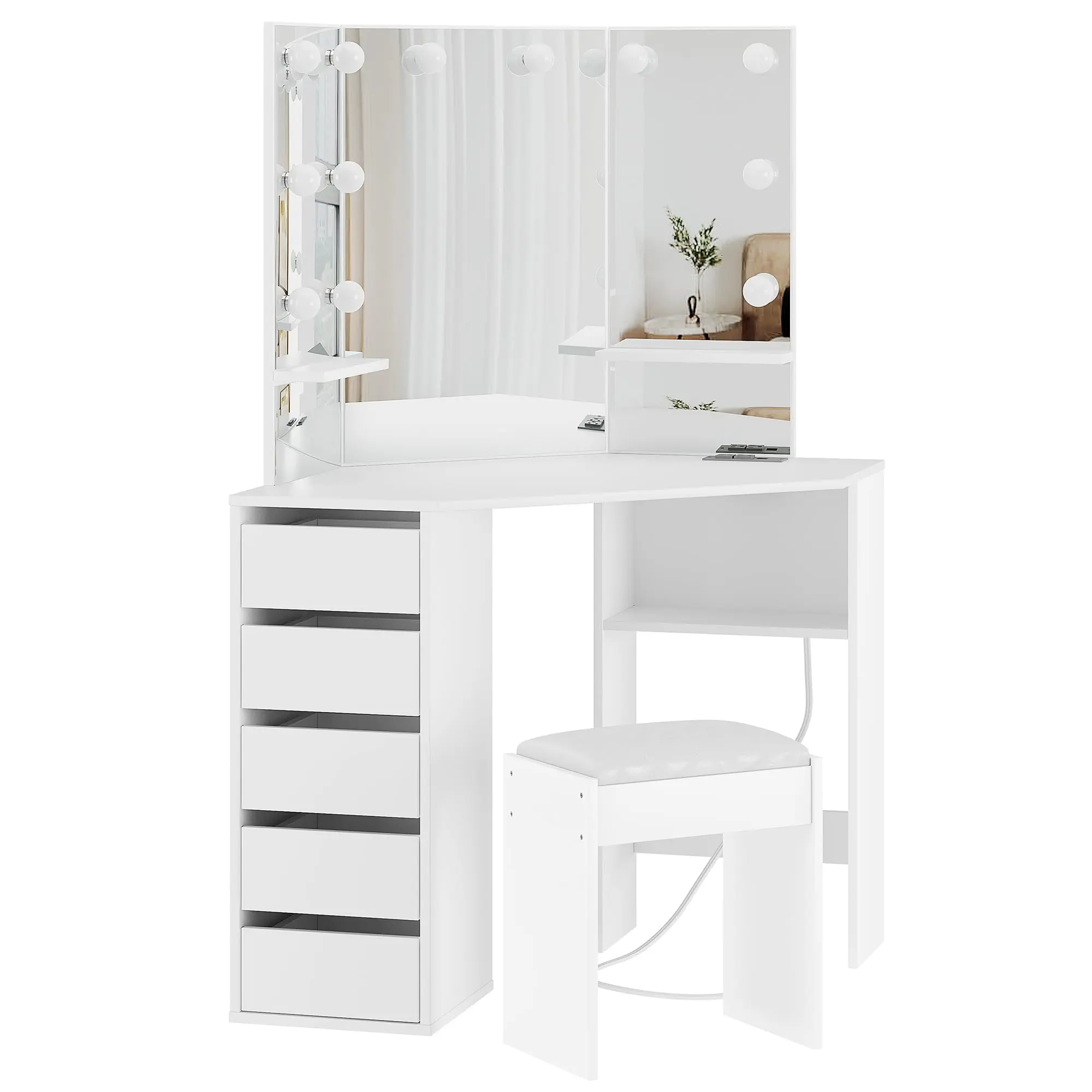 Garvee Led Corner Makeup Vanity, Vanity Desk and Stool with Light