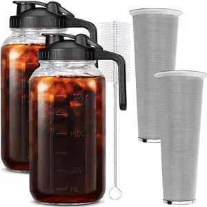 2 Set 64 oz (2 Quart), Black Cold Brew Coffee Maker, Iced  Machines, Thick Glass with Pour Spout Handle Lid, Stainless Steel Filter for Iced Coffee, Fruit Drinks or Sun  (2)